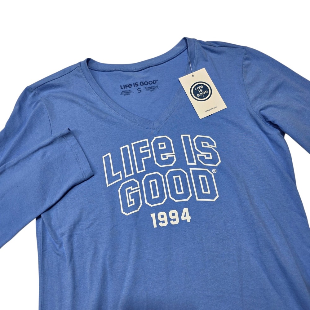 Life Is Good T-Shirt Womens Small Blue Branded Athletic Outline 94 V-Neck